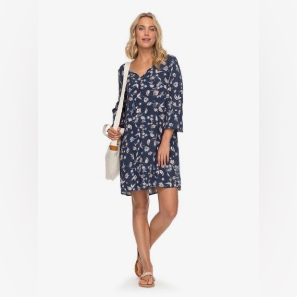 Roxy Blue Floral Printed Long Sleeve Dress